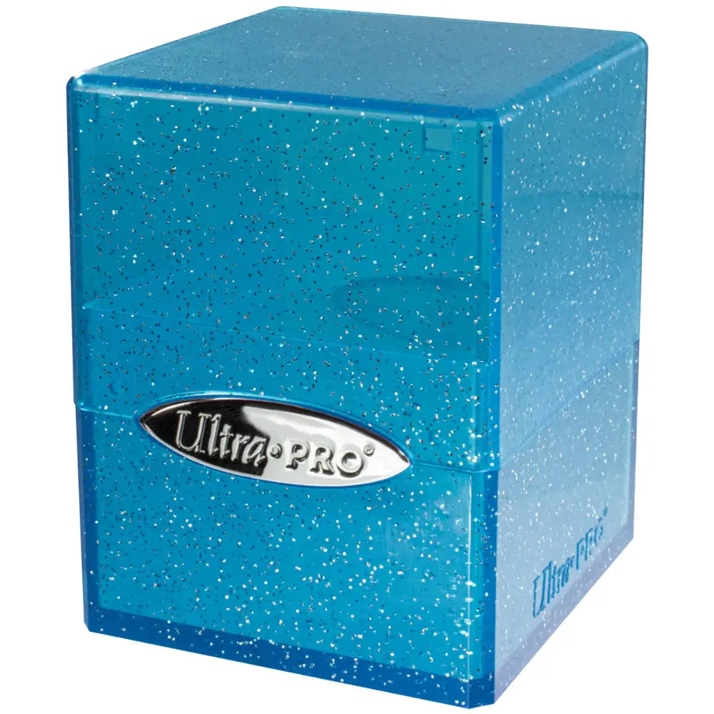 Ultra pro satin deck box translucent blue glittery cube card sleeve case with silver ultra pro logo plaque on front