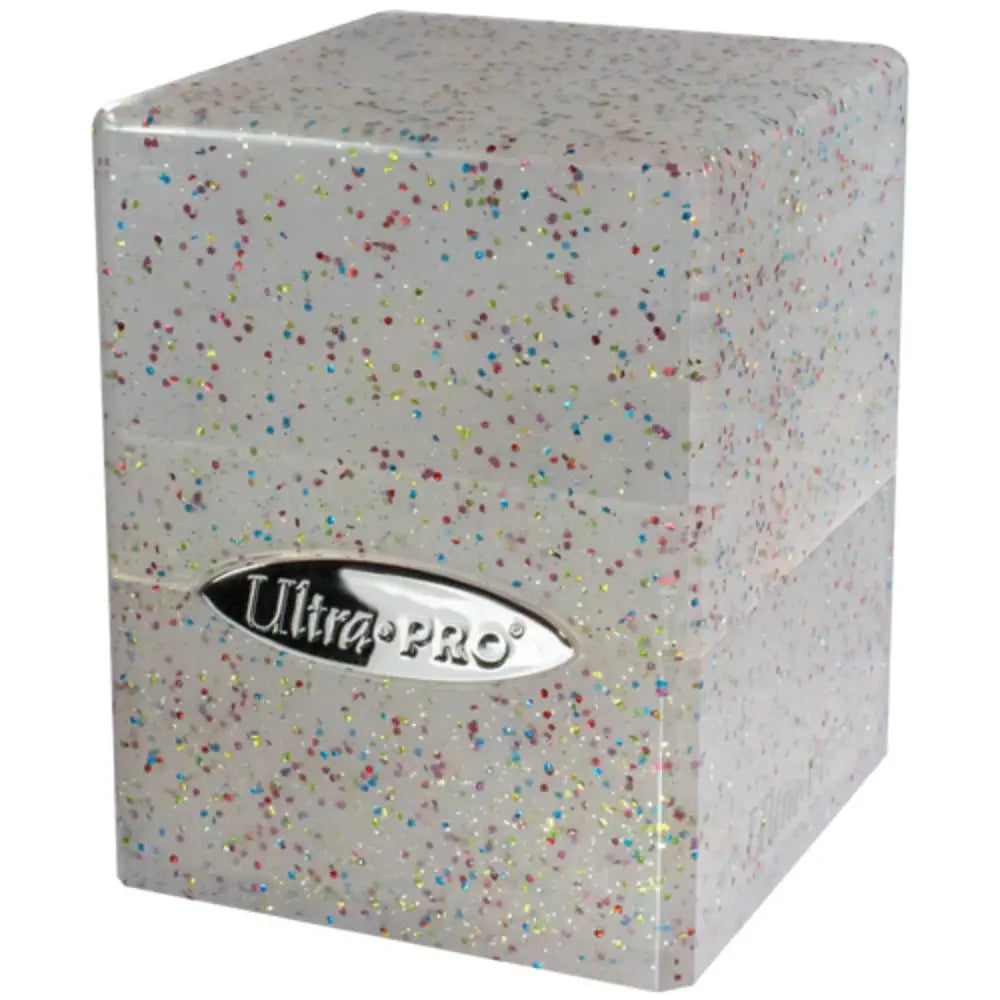 Silver glitter card sleeve with a sleek metallic ultra pro logo featured in the ultra pro satin deck box product