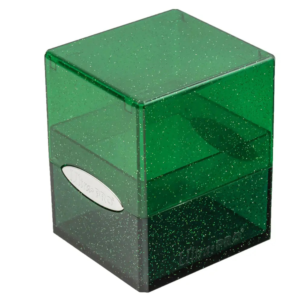 Ultra pro satin deck box green glittery transparent cube shaped card storage box with silver oval logo on the side