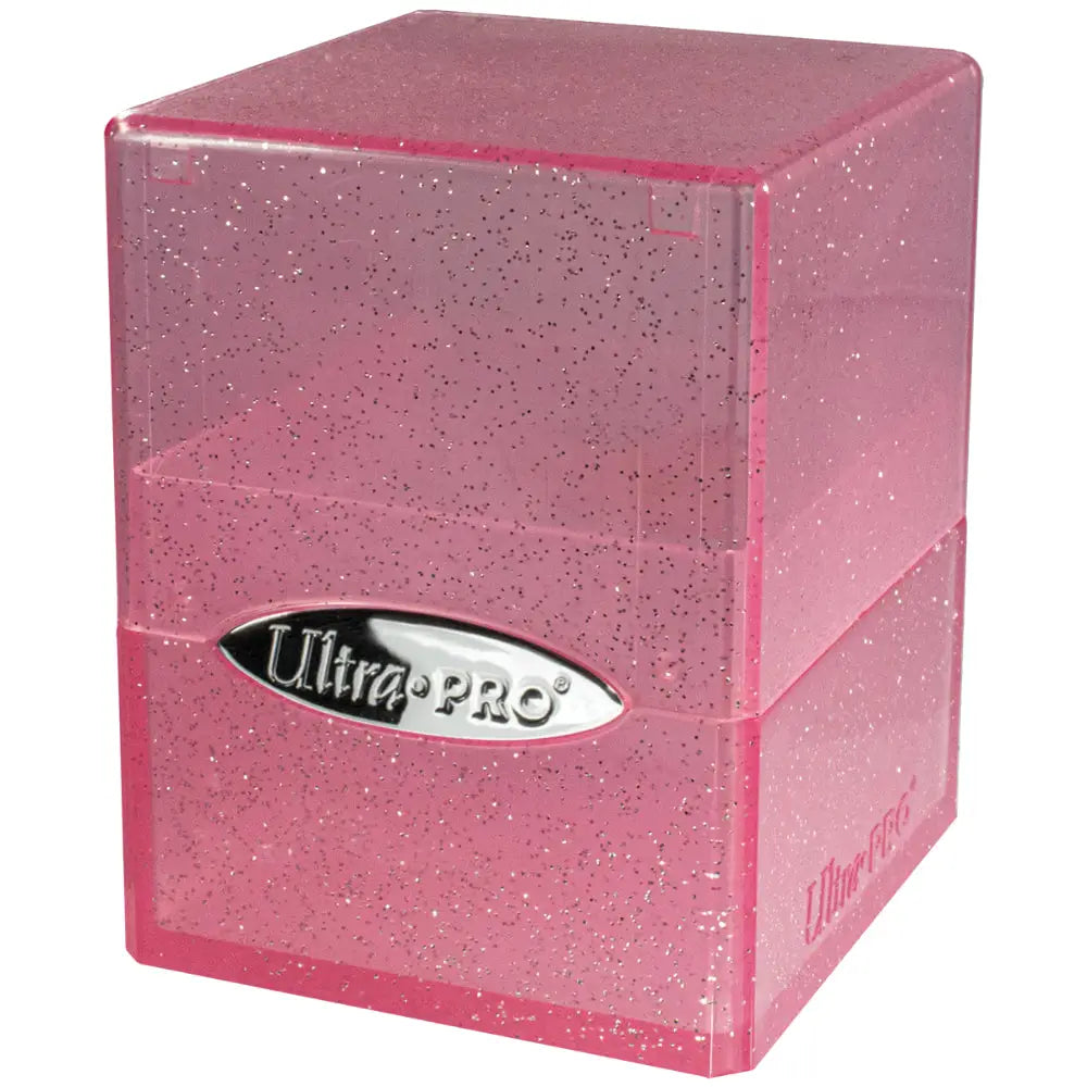 Pink glittery plastic ultra pro satin deck box designed for durable trading card storage and protection