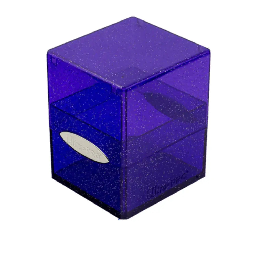 Ultra pro satin deck box translucent purple glittery cube shaped card holder with a silver oval logo on the front