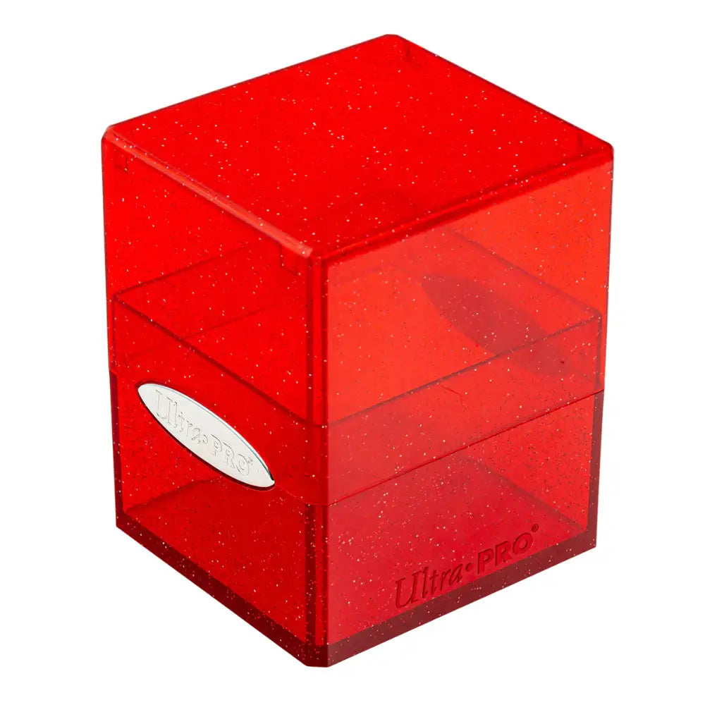 Red translucent cube-shaped ultra pro satin deck box card holder with glittery texture and silver branding
