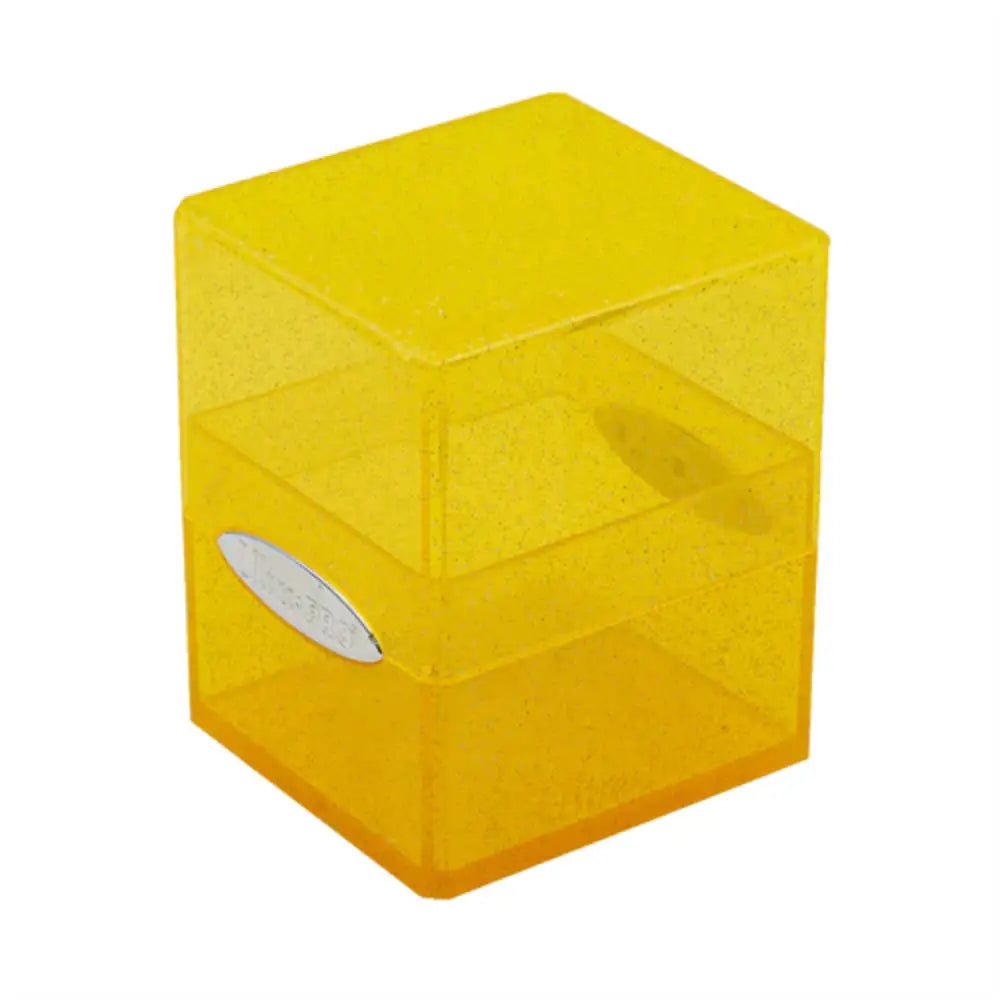 Ultra pro satin deck box transparent yellow plastic cube with silver oval logo on the side