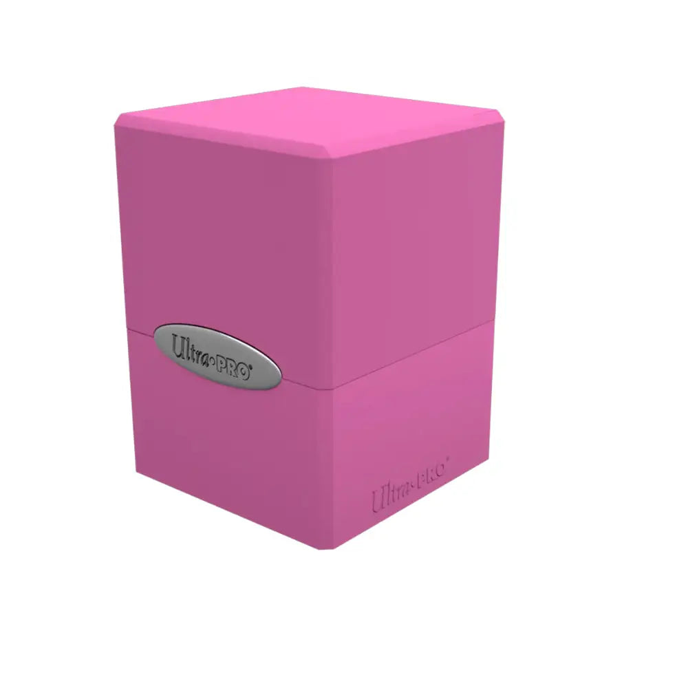 Pink ultra pro satin deck box featuring a silver oval logo on the front for card storage and protection