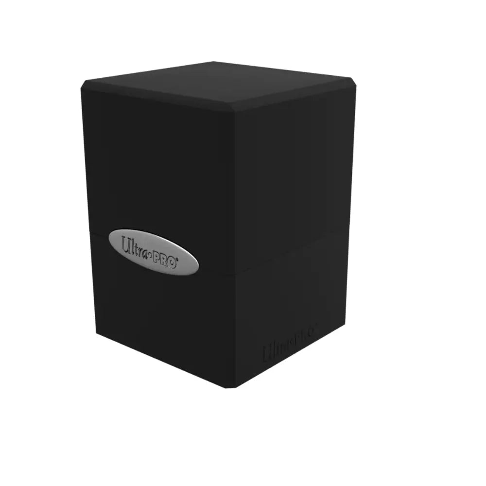 Black ultra pro satin deck box with silver oval logo on front designed for secure card storage