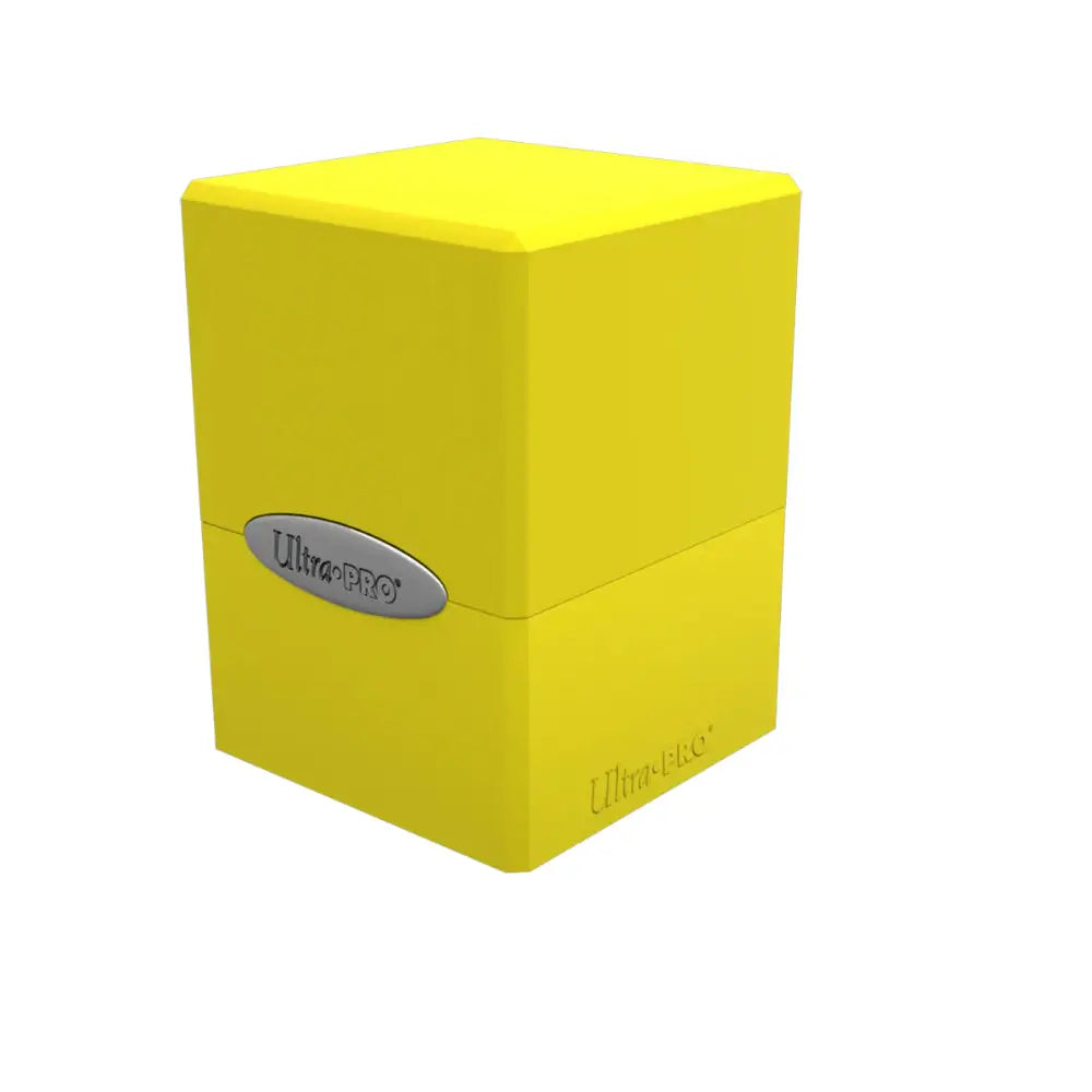 Bright yellow ultra pro satin deck box with silver oval logo and embossed branding for card storage