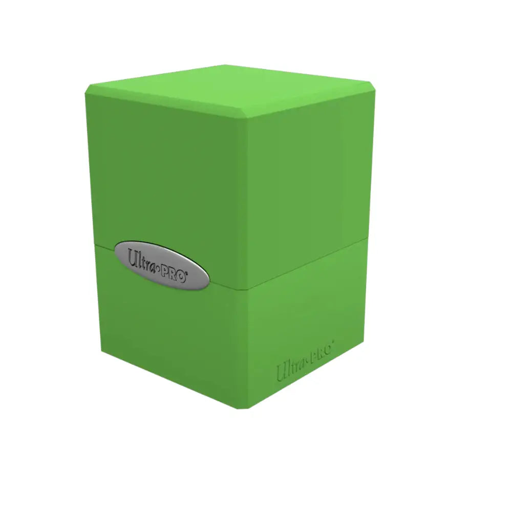 Bright green ultra pro satin deck box made of durable material with a silver oval logo on the front