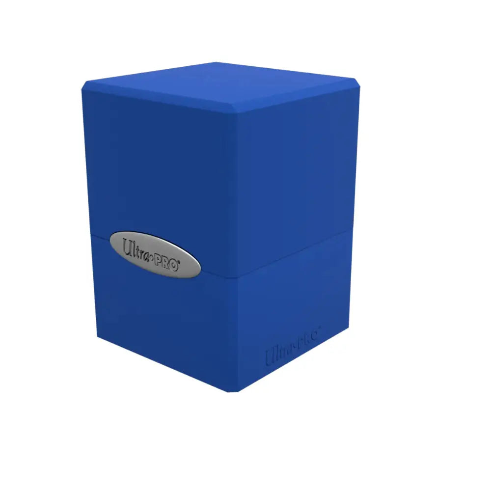 Blue ultra pro satin deck box made of durable material with a silver oval logo on the front for card storage