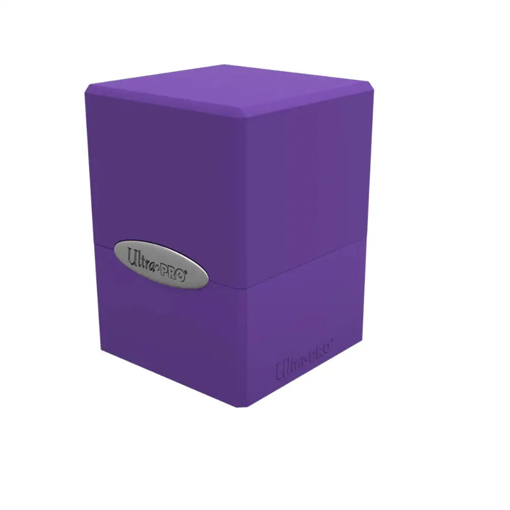 Purple ultra pro satin deck box featuring a silver oval logo on the front for secure card storage
