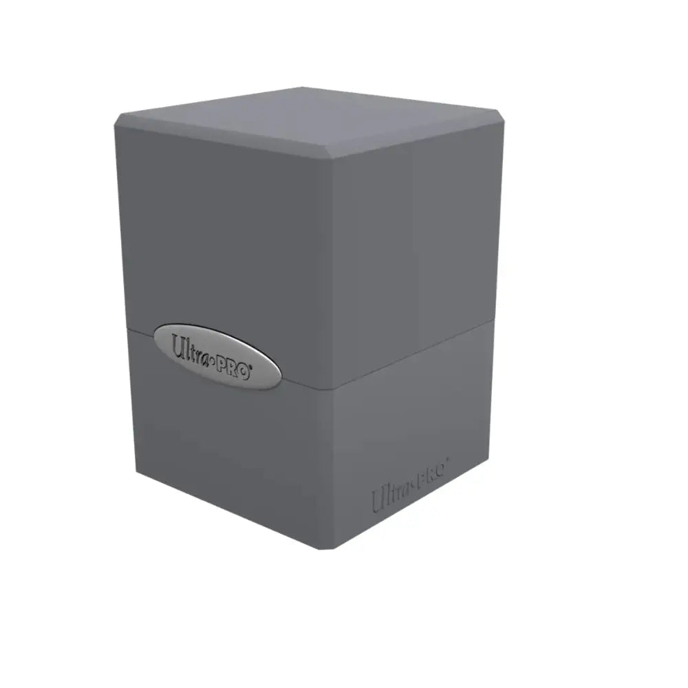 Gray ultra pro satin deck box with sleek matte finish and silver logo plaque for card storage and protection