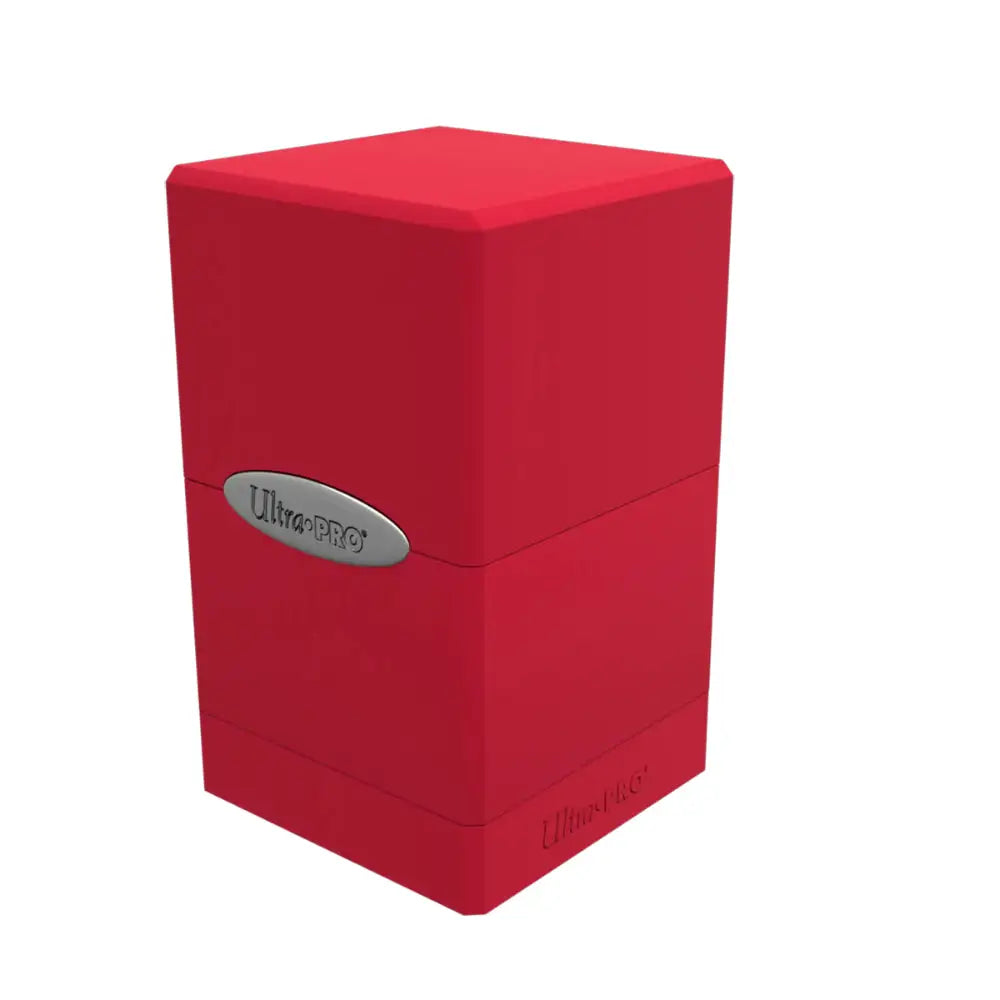 Red ultra pro satin deck box featuring a silver oval logo on the front designed for card protection and storage
