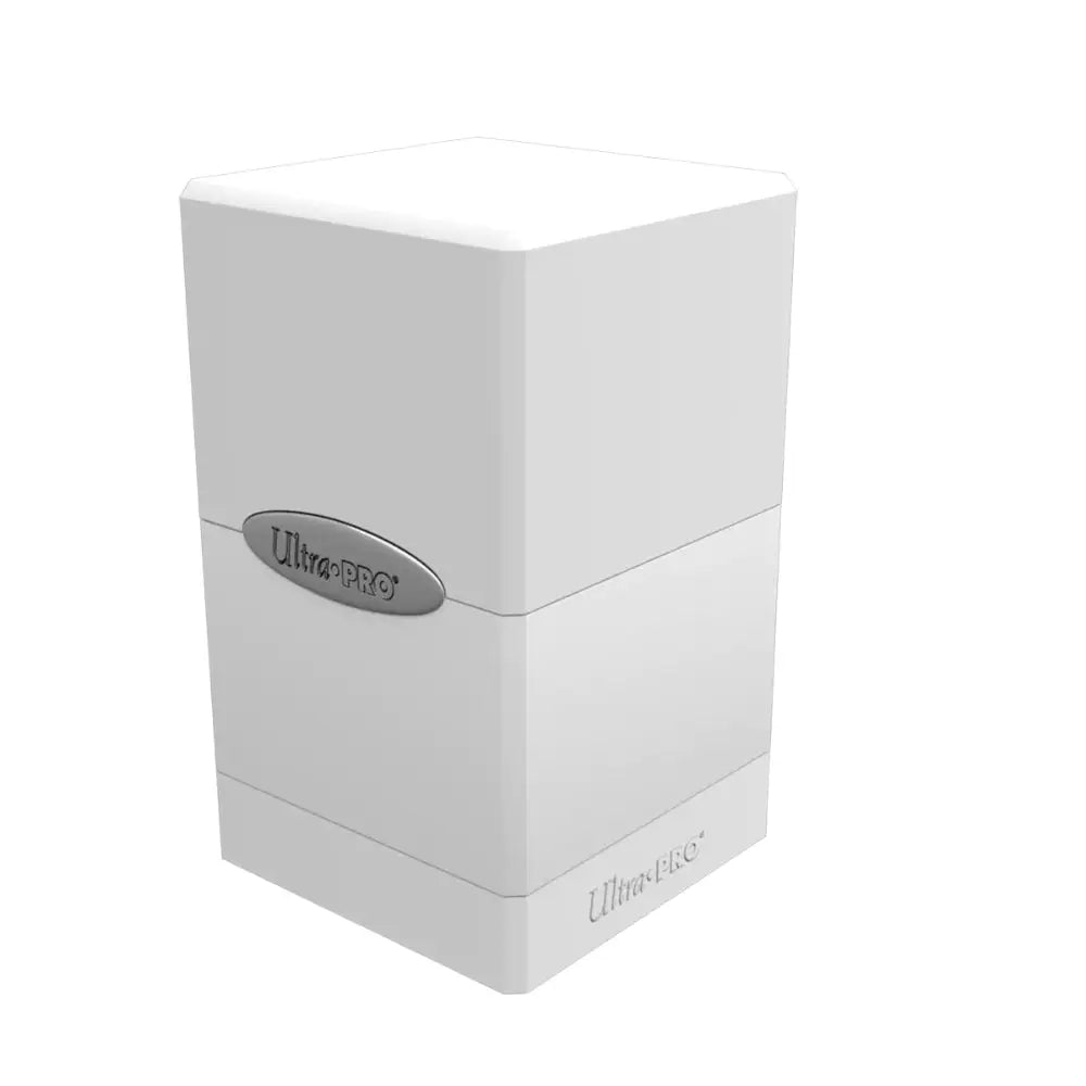 White Ultra Pro Satin deck box with a sleek minimalist design and metallic logo accents for card storage