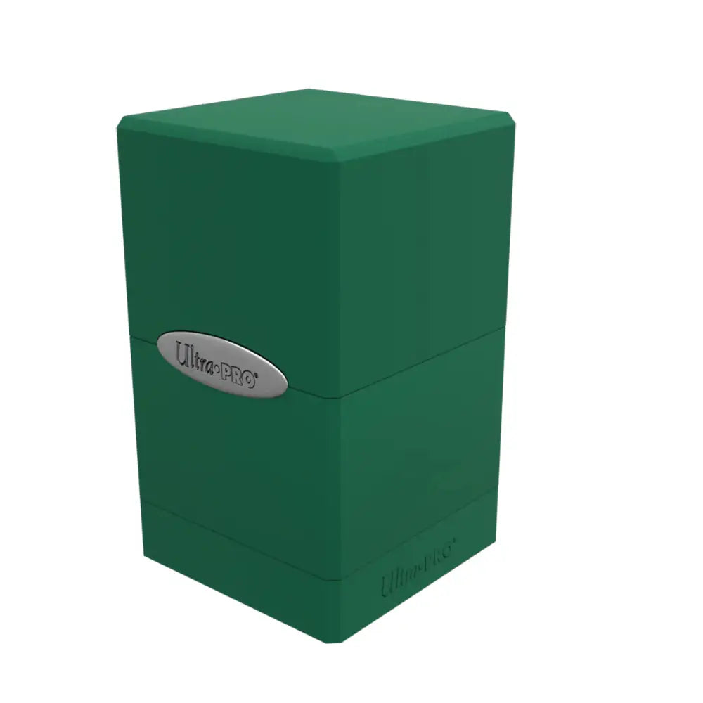 Green ultra pro satin deck box made of durable material with a silver oval logo on the front for card storage