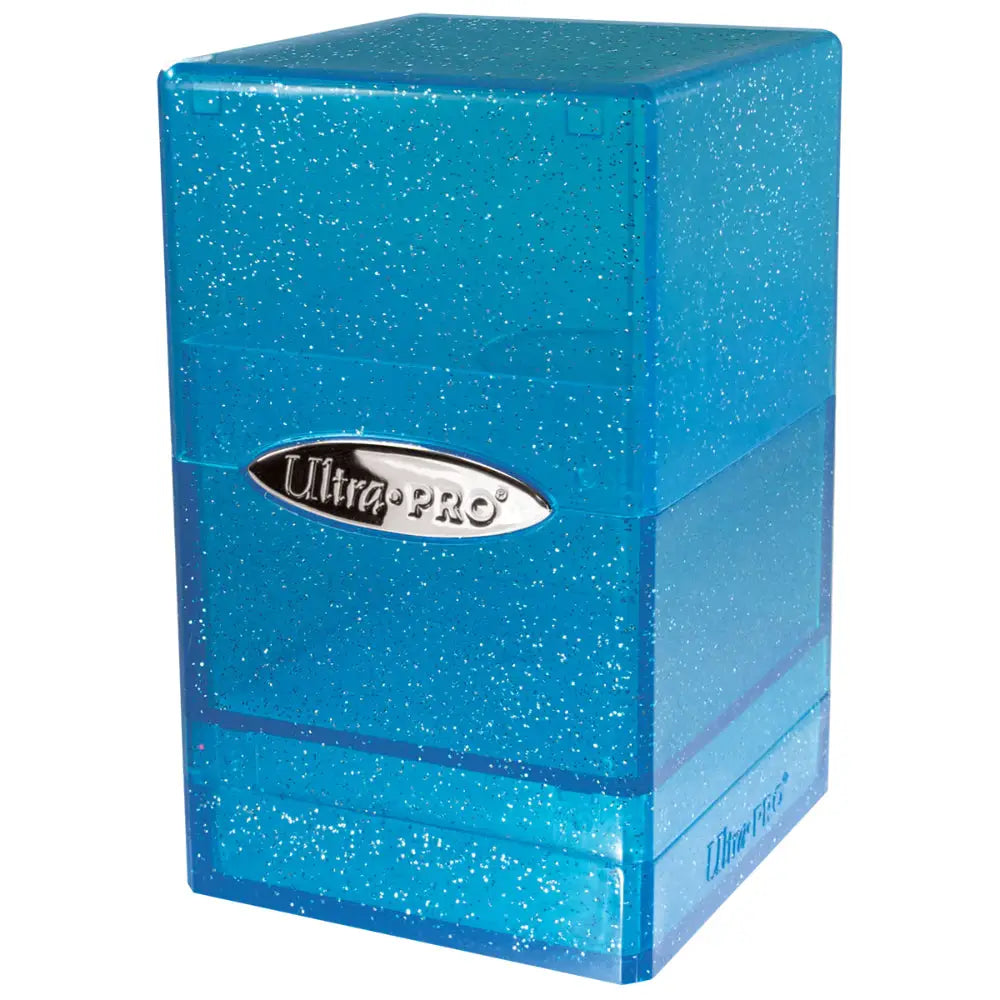 Ultra pro satin deck box translucent blue glittery plastic with silver logo plaque for card storage and protection