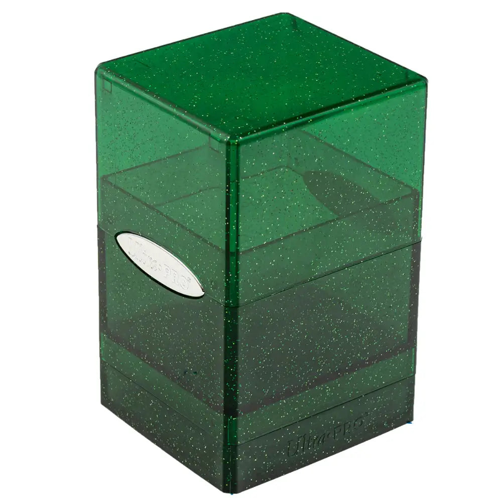 Ultra pro satin deck box made of green glittery transparent plastic with a silver oval logo on the side