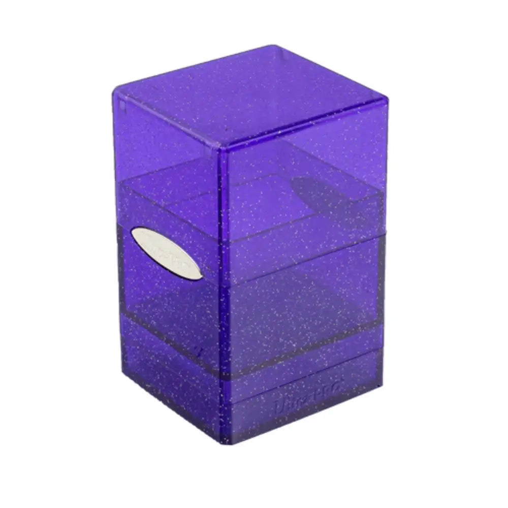 Ultra Pro Satin deck box made of purple glittery transparent plastic with a white oval handle for card storage