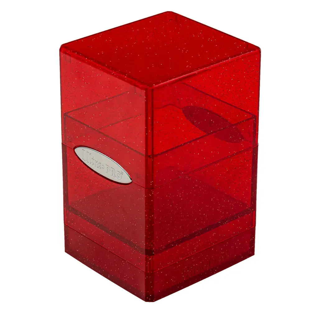 Red translucent glitter card holder with silver oval logo in an ultra pro satin deck box design