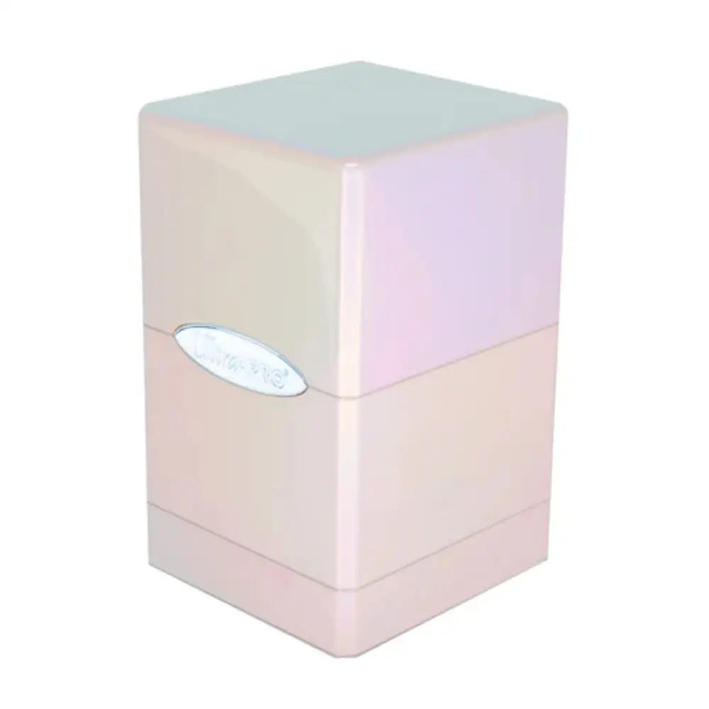 Ultra Pro Satin Deck Box pastel pink and lavender iridescent plastic card sleeve tower with silver oval logo on front