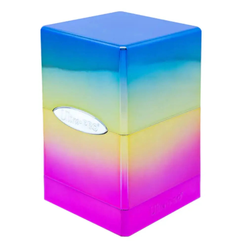 Ultra Pro Satin deck box with vibrant gradient rainbow colors, sleek glossy finish, and oval silver logo on front