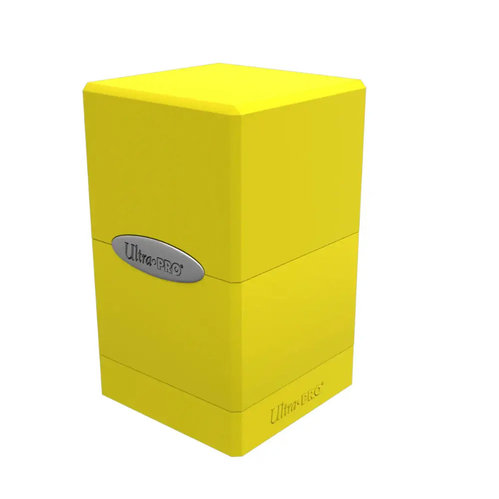 Bright yellow Ultra Pro satin deck box with sleek rectangular design and silver branding accents for card storage