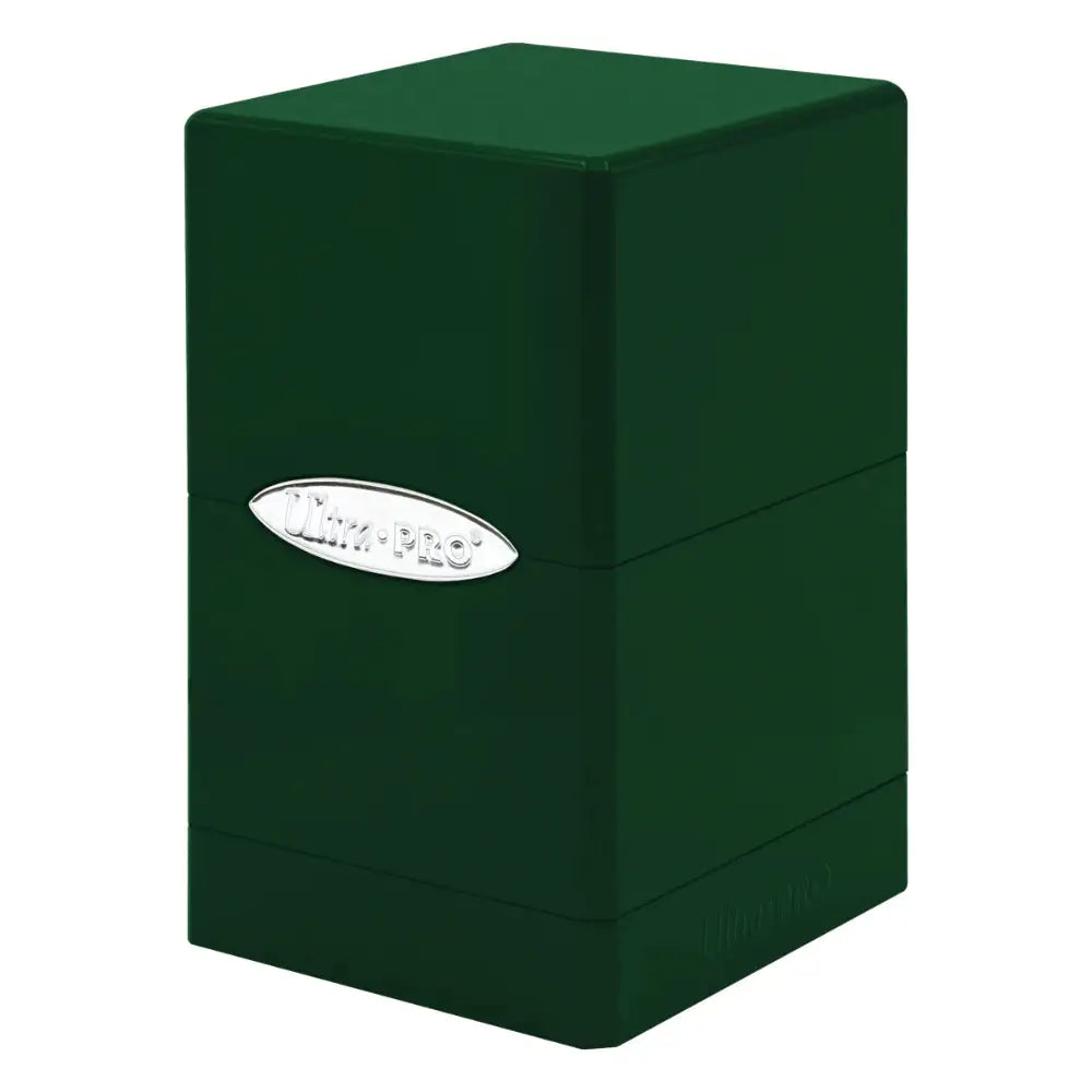Dark green ultra pro satin deck box card sleeve tower with silver logo plaque for collectible card protection