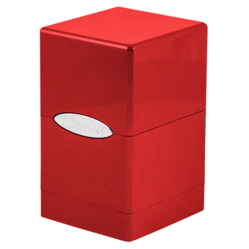 Red metallic Ultra Pro Satin deck box with a silver oval logo on the front for card storage and protection