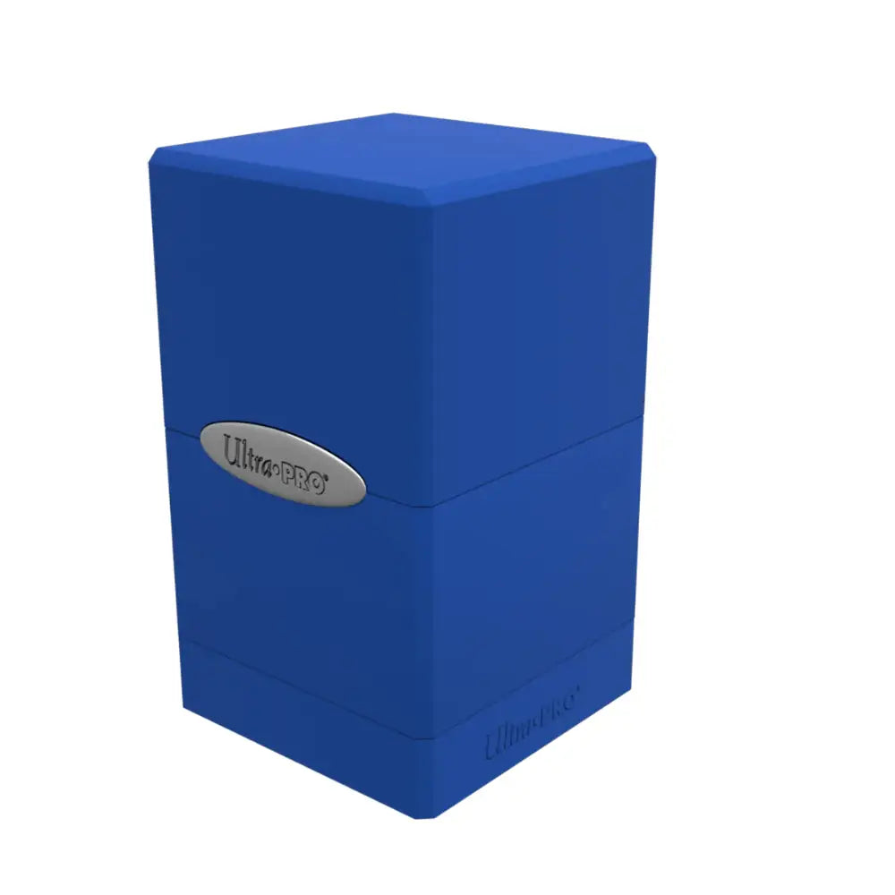 Blue ultra pro satin deck box with silver oval logo on front for card game storage and protection