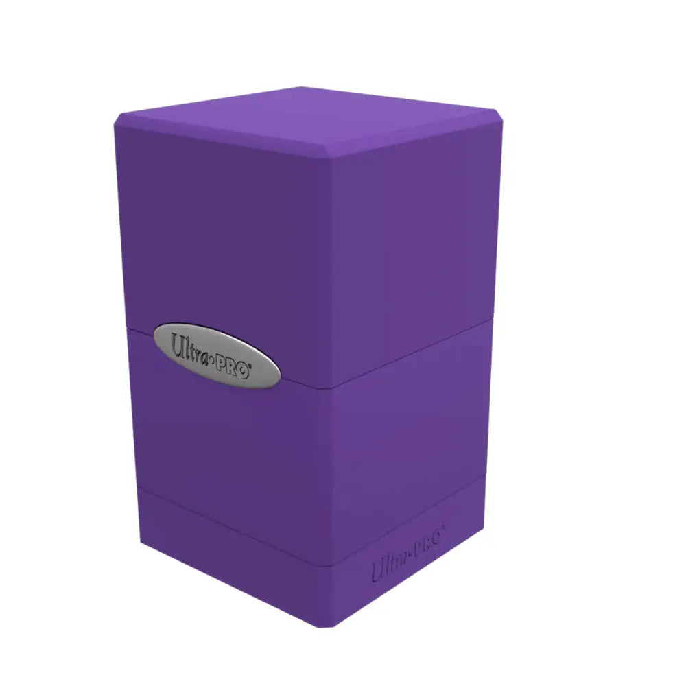 Purple ultra pro satin deck box made of durable material with a silver oval logo on the front for card storage
