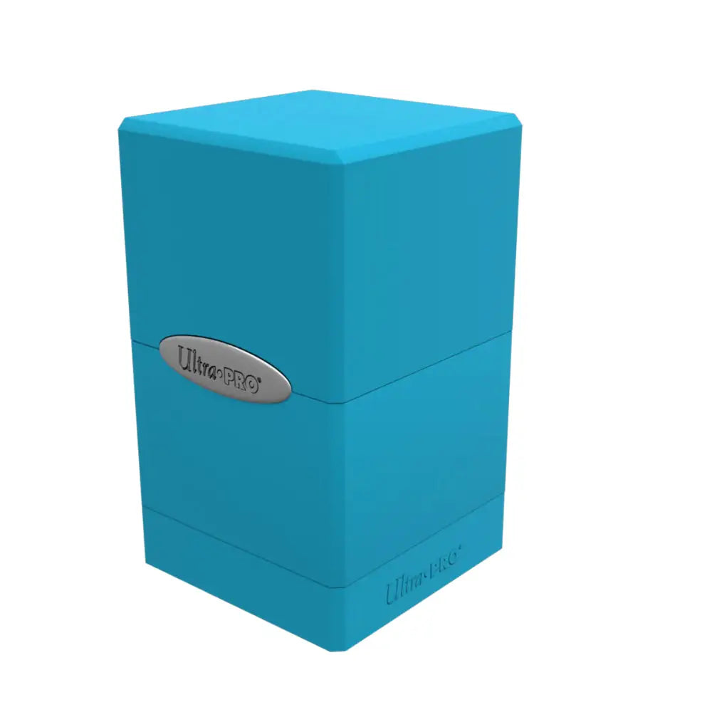Turquoise ultra pro satin deck box with a silver logo plaque designed for card game storage and protection