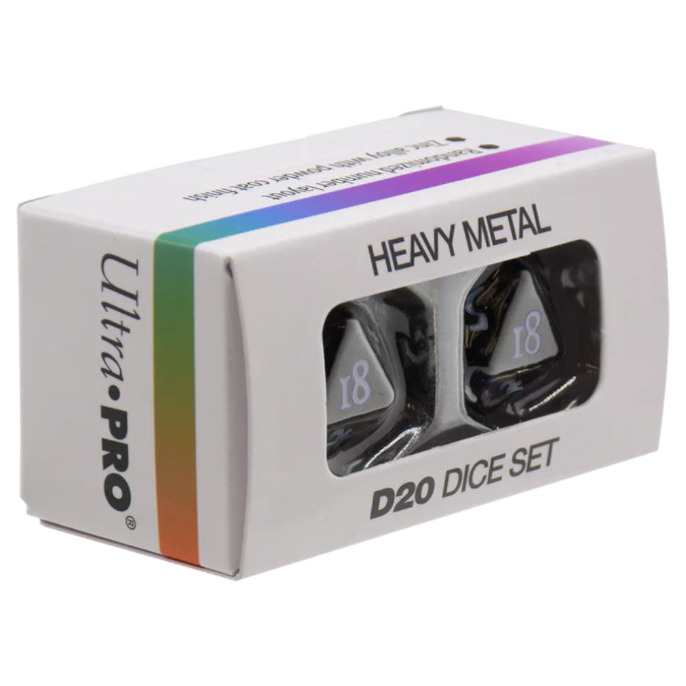 Black ultra pro heavy metal d20 dice set with vivid rainbow stripe in white box for tabletop gaming use