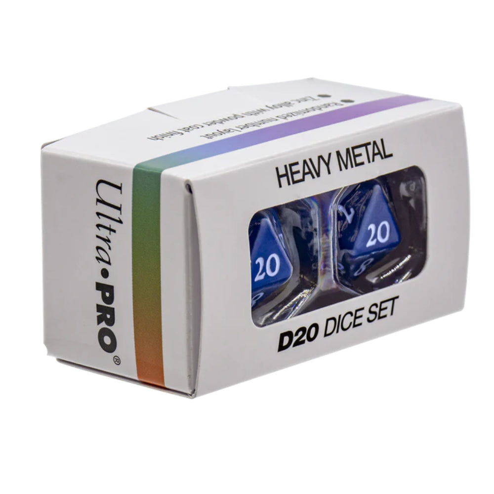 Vivid heavy metal d20 blue metallic dice set in a white ultra pro box for tabletop gaming