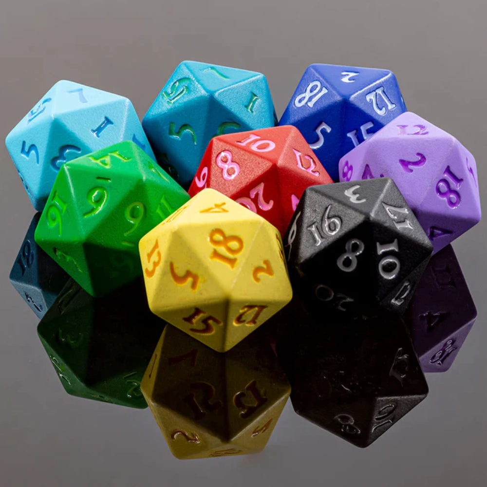 A vivid heavy metal d20 polyhedral die in assorted colors with embossed numbers on a glossy plastic surface