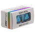 A translucent light blue vivid heavy metal d20 die in a white ultra pro box with rainbow accents