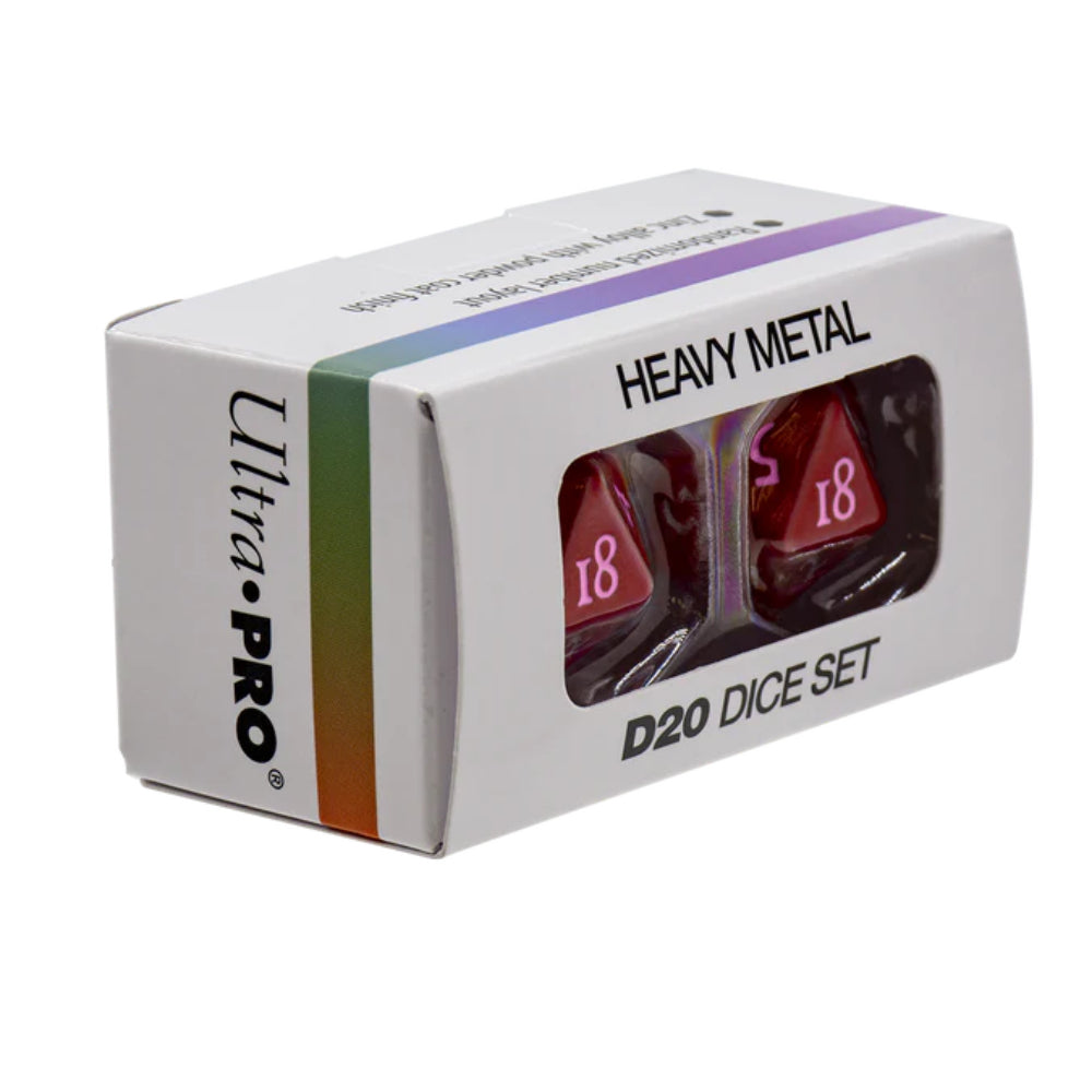 Ultra pro vivid heavy metal d20 dice set with two translucent red polyhedral dice in white box with rainbow stripes
