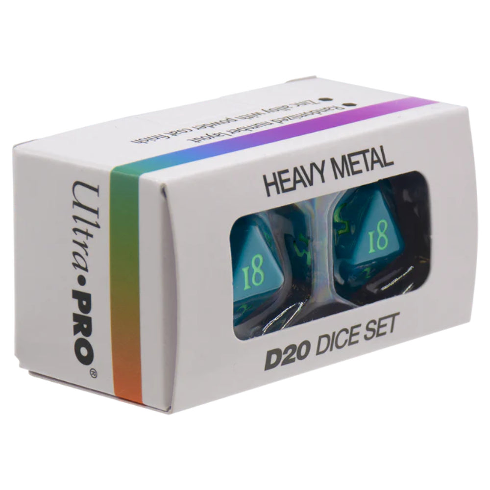 Ultra pro vivid heavy metal d20 dice set in translucent teal and green gradient with glowing numbers