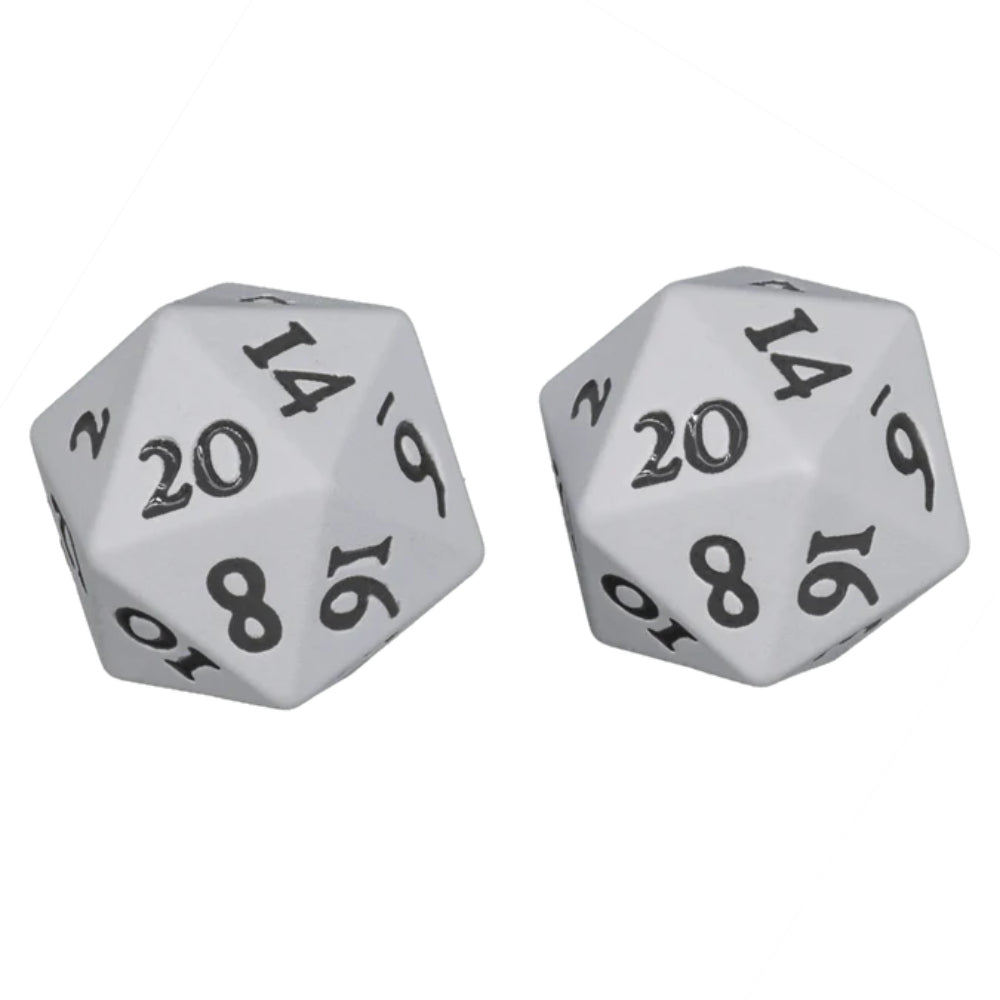 Two white vivid heavy metal d20 dice with black numbered faces designed for tabletop gaming