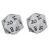 Two white vivid heavy metal d20 dice with black numbered faces designed for tabletop gaming