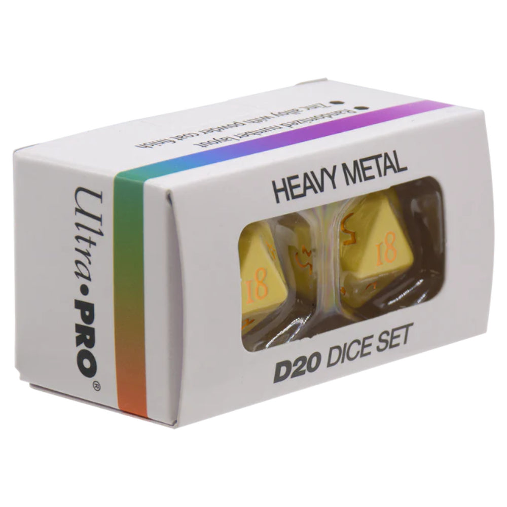 Yellow metallic d20 dice set made of vivid heavy metal displayed in a white ultra pro box for tabletop games