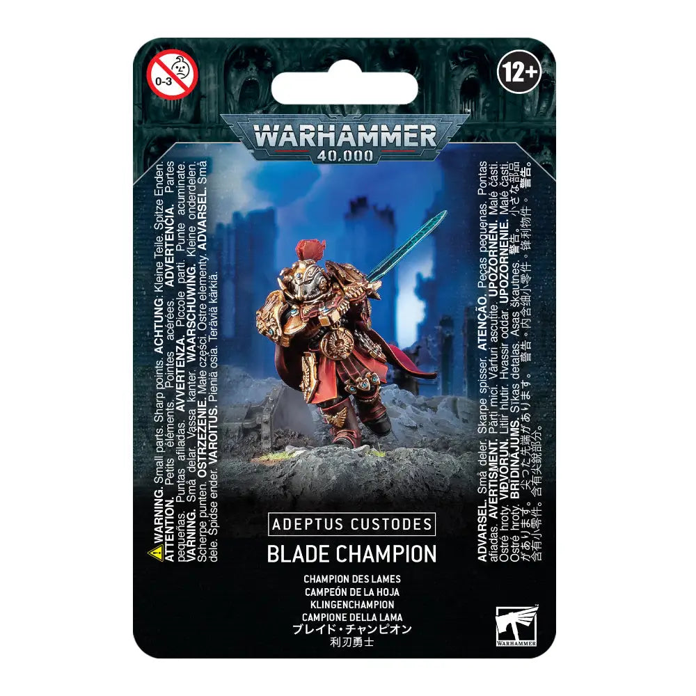 Warhammer 40,000 Adeptus Custodes blade champion miniature in gold and red armor with glowing green sword