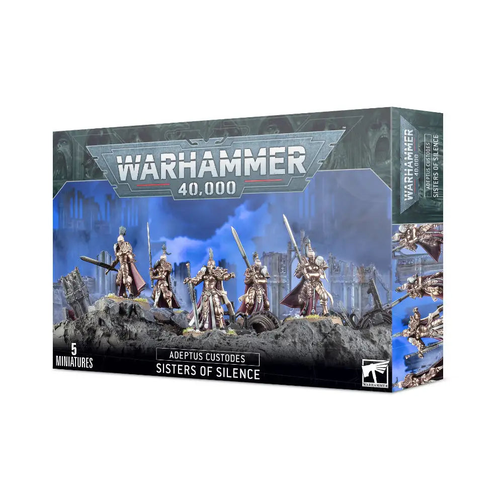 Warhammer 40,000 adeptus custodes sisters of silence miniature set in metallic gold and silver armor with intricate detailing