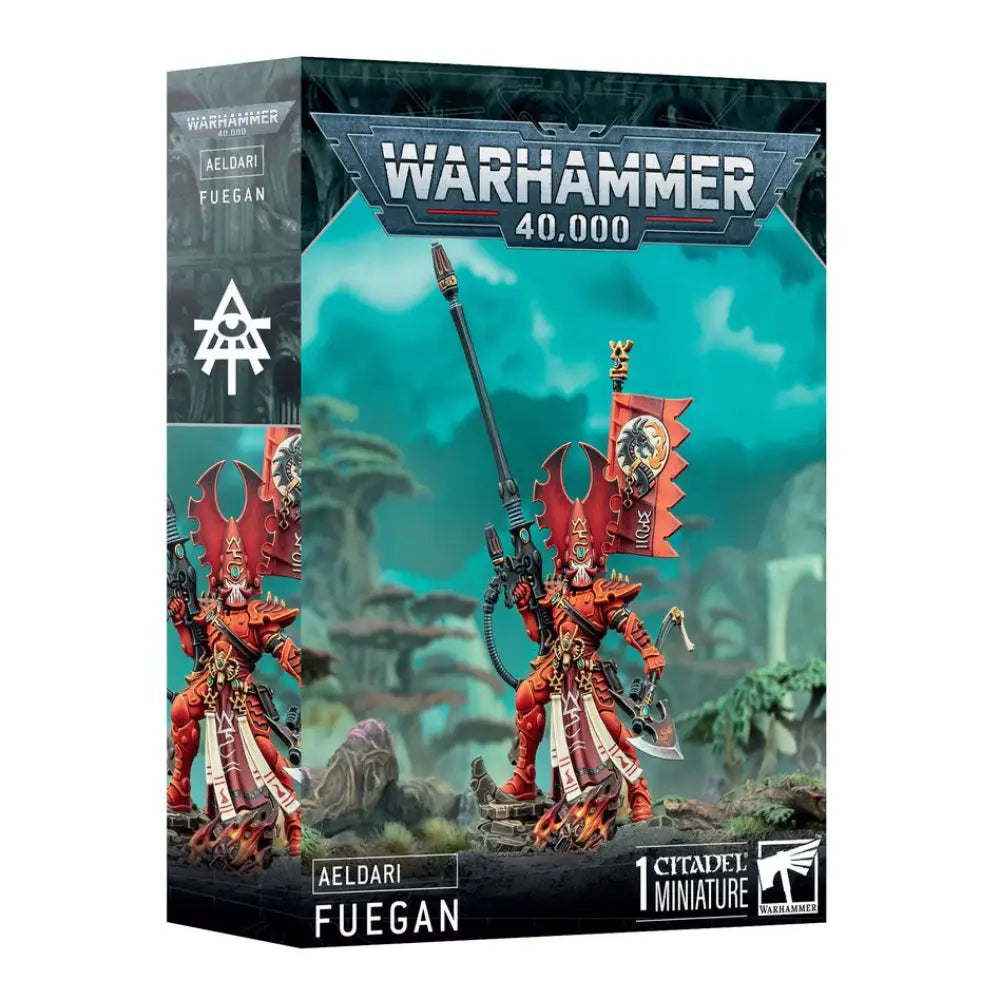 Warhammer 40,000 aeldari fuegan miniature in red and black featuring detailed sci-fi armor and weaponry