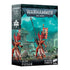 Warhammer 40,000 aeldari fuegan miniature in red and black featuring detailed sci-fi armor and weaponry