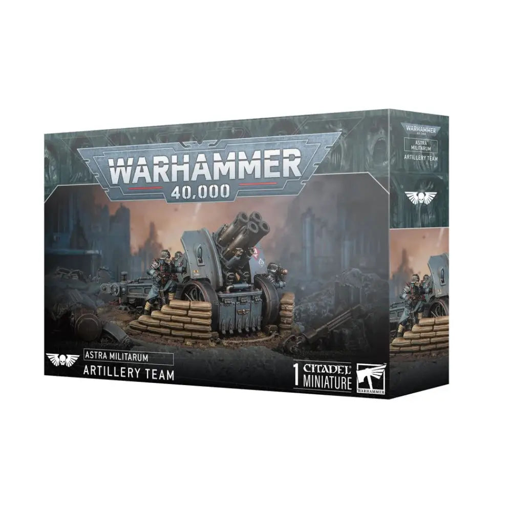 Warhammer 40,000 astra militarum artillery team box with detailed grey resin artillery piece and soldiers in tactical gear