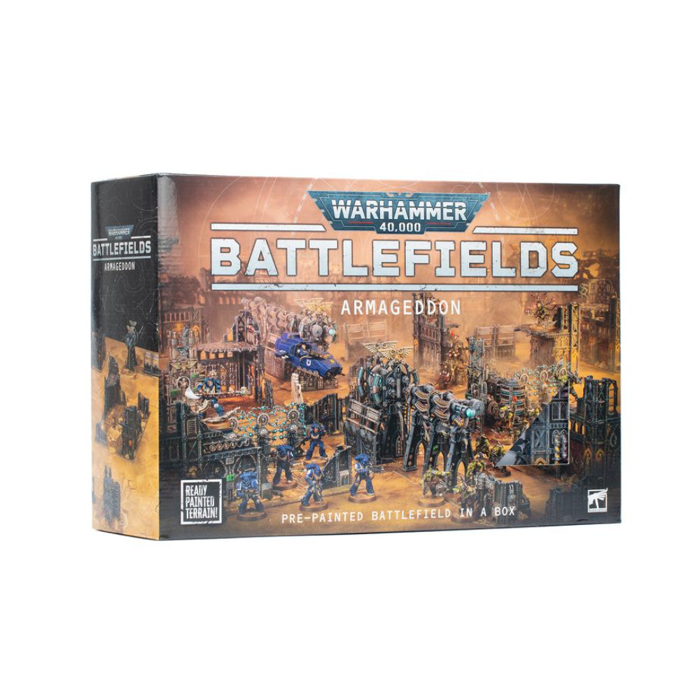 Warhammer 40,000 battlefields armageddon prepainted terrain set in box featuring detailed miniature battlefield elements