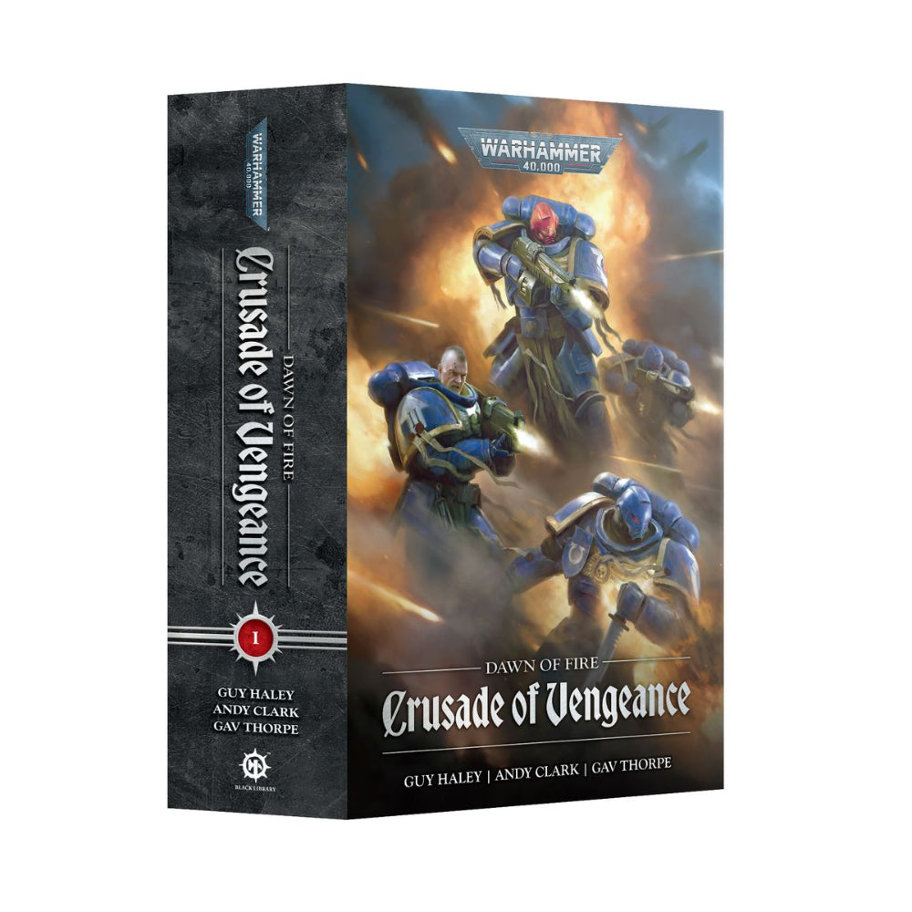 Warhammer 40,000 Black Library dawn of fire crusade of vengeance boxed set featuring blue and gold armored space marines