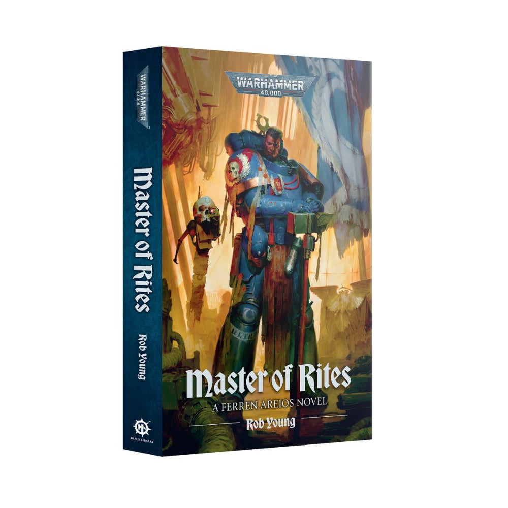 Blue armored warhammer 40,000 novel master of rites by rob young in black library product cover image