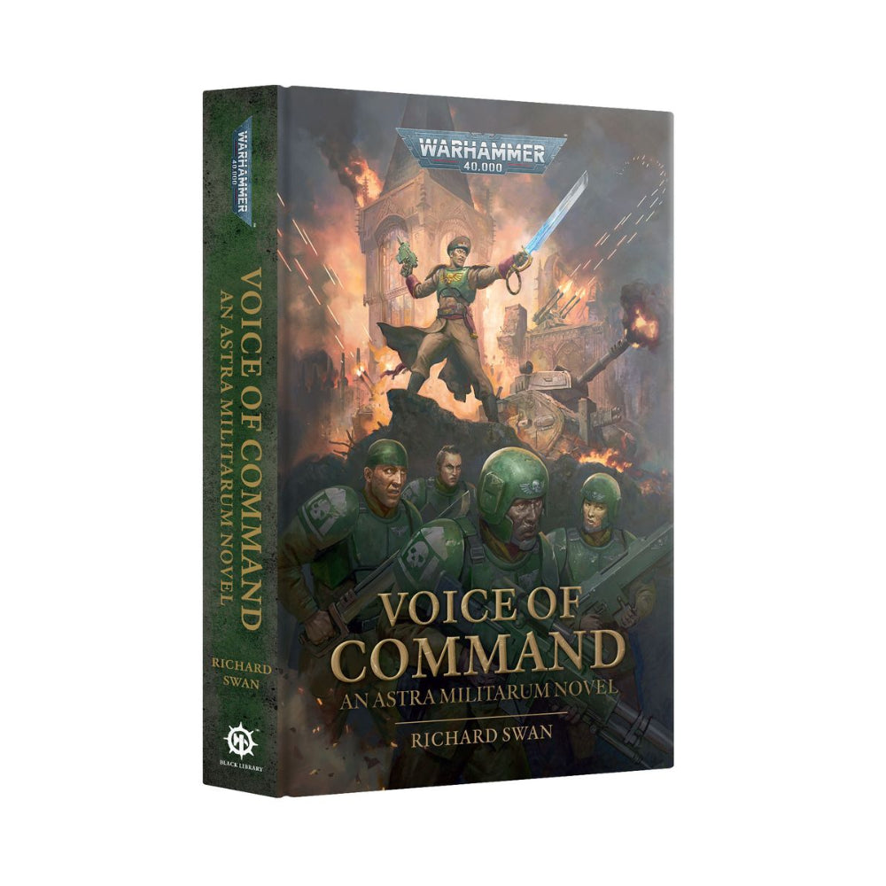 Warhammer 40,000 black library voice of command hardcover book with dramatic cover featuring armored soldiers and glowing sword