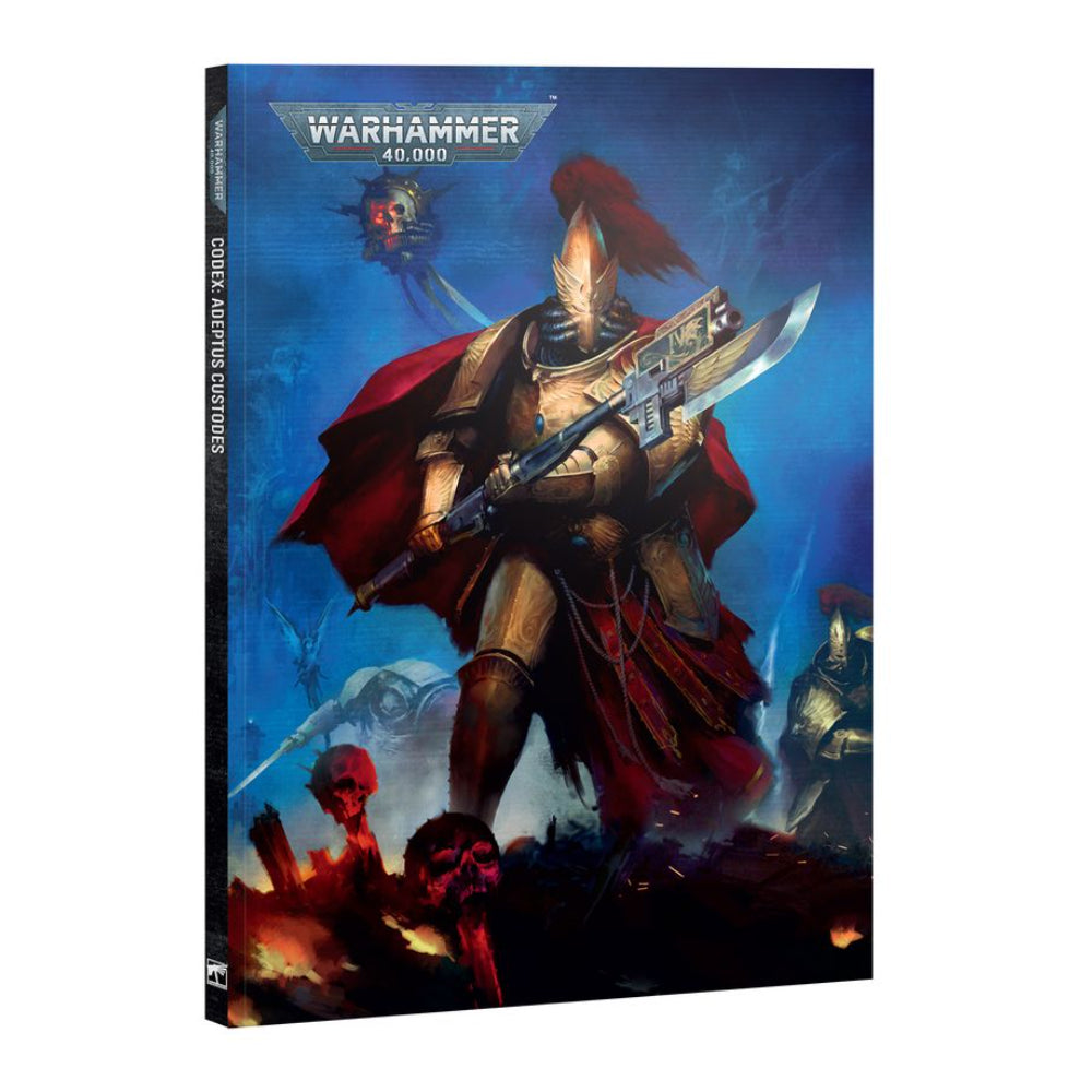 Warhammer 40,000 codex adeptus custodes hardcover book with dramatic gold and red armored warriors on dark blue battlefield cover