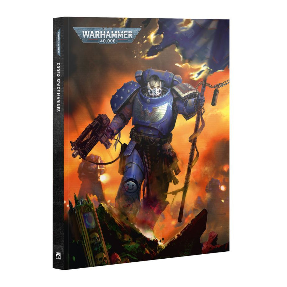 Blue armored space marine on fiery battlefield featured on the cover of warhammer 40,000 codex space marines book