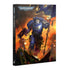Blue armored space marine on fiery battlefield featured on the cover of warhammer 40,000 codex space marines book